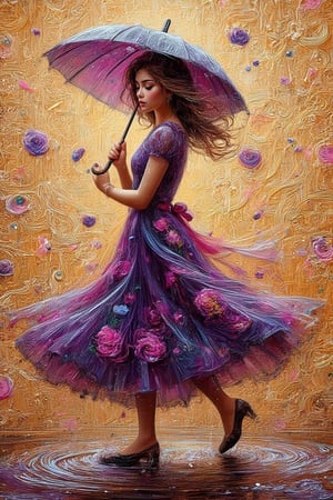 A high quality hyper realistic yet artsy painting of an embossed eurasian gir, wearing
purple dress, holding transparant
umbrella with flowers pattern, dancing in the rain, splashing in puddles, her dress twirling, colors-stream off of it, colors splashing, oil painting, cubism, ,cubist,
detail painting, poblo picasso , 8k
resolution.The background should have an embossed effect to give depth and texture, resembling an ornate wall. Include a beige
border around the image that complements
the overall warm color scheme.,Embossed,Oil Painting Kiko