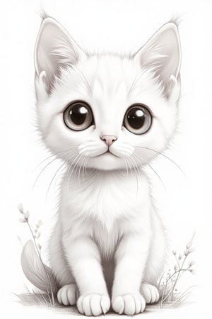  Sumi-e ink, cross hatching sketch, digital art, Cute Little kitten, Pearl White with big eyes, surrealism, ink drawing, minimalistic background, fantasy world setting, whimsical fantasy character portrait,SKETCH.KIKO,Sumi-e kiko,Hyperrealism &Surrealism 