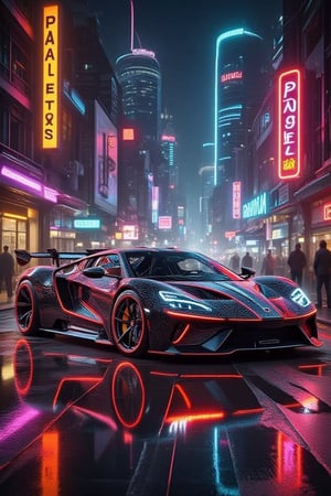 (Masterpiece),(UItra HD),(Ultra-realistic CG8k), an ultra-modern,surrealistic,  aggressive futuristic sports car with  a highly aerodynamic body in glowing metallic black and red colour, intricate design with flowing curves and complex patterns.bg of a 3D 
a Futuristic retro citys centre with high rises building in vibrant dynamic neon colors of red yellow ,white and purple. ultra-realistic,
hyper-detailed, cinematic
lighting,MECHA.KIKO,Hyperrealism &Surrealism,NeonColor 