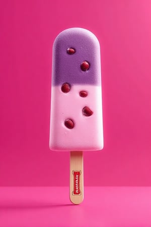 A highly detailed photo of a classic ice cream bar on a stick, featuring a vibrant purple and pink gradient. The ice cream is half purple with embedded red beans and half a creamy pink hue, with a distinct frosted texture. The ice cream stick has a red and gold brand logo, and it stands upright against a rich magenta background. Perfect lighting and soft shadows highlight the frosty, glossy surface of the ice cream bar, creating a mouthwatering, appetizing look, shot with a clean minimalistic approach,Digital Illustration 