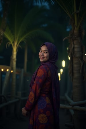 
beautiful  stunning malay
woman smiling face standing under a coconut trees, mangoes tree,wooden fenced, looking over her shoulder,wears modest  casual with colorful floral pattern
 and a headscarf with shades of red and purple, under a night sky with cosmic night sky,fireflies' lighting  conveying a serene ,dreamy, painterly night hour, UHD HDR ,24K, 40s 