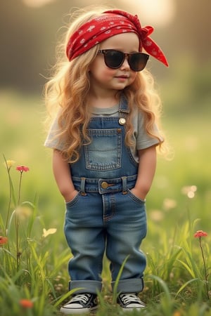  toddler girl
with long butterscotch
hair with a red
bandana tied on her head,
wearing
sunglasses, blue
denim,matching jeans,
black tennis shoes, her
hands are in her jean
pockets, background is
tiny lush green grass,
faded hues of
reds, whites and silver
with intricate
glitter, ultra detailed, ultra
realistic,uhd,hdr 24K, 40s, hyper-realistic 