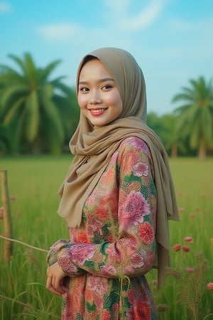 beautiful stunning malay woman smiling face,soft make up, standing in a green meadow,fenced,wildflowers,coconut trees, looking at the camera , showcasing colorful floral pattern clothing and a stylish hijab ,under a blue sky with wispy clouds ,conveying a serene ,dreamy, painterly , lively, full of colors,atmosphere UHD HDR ,24K, 40s