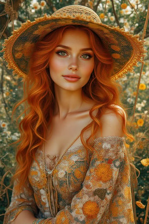 
A beautiful stunning princess ,long red wavy wind-blown hair, soft makeup, vivid eyes,
blush cheeks. She's wearing a n oversized sunhat, modest casual,shoe ,Smiling with happiness.she is sitting on a swing under a big shady tree,with intricate patterns
reminiscent of Klimt's inspires artworks with a focus on
harmonious blend of natural forms,the image will
feature intricate patterns, rich
colors, and a touch of gold, evoking
a sense of elegance and timeless
beauty."