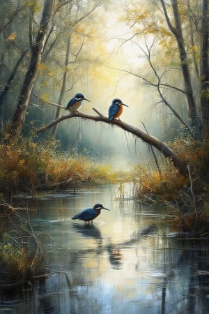 Wet watercolor painting, oil ink painting of a swamp. In the swamp, herons looking for foods.add a kingfisher perched on an extended old dried tree branch in the foreground,
intricate details Reflections and
shading.background serene swamp
landscape  uhd,hdr,24K , 40s  ,using watercolor painterly , splash,uhd,hdr,24K, 40s,Oil Painting Kiko,WatercolorWash 