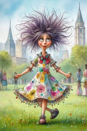 A whimsical colored illustration by Quentin Blake depicting a cute, funny woman with dark purple unkempt  hair, wearing tufts of hair high on her head and wearing a bow. She is dancing enthusiatically on a green grass in a park.bg cityscape  UHD,HDR 24K, 40s,Whimsical Kiko,Digital Illustration 