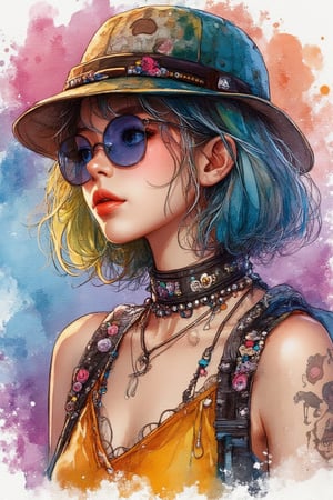 Akira toriyama style, 8K quality,
watercolor painting, stylish design, The strongest beautiful girl of all time, Japanese, Idol, clear, stylish glasses,Fashionable hats, highest quality, bob hair,lips in love, HDR, Detailed details, skull fashion, detailed clothing texture, graffiti art, colorful hair, masterpiece, Super detailed.,Sportkiko,Watercolor Kiko 