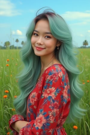 beautiful stunning malay woman smiling face,soft make up, standing in a green meadow,fenced,wildflowers,coconut trees, looking at the camera , showcasing vibrant red and blue colorful floral pattern clothing and long wavy mint hair with red highlight ,under a blue sky with wispy clouds ,conveying a serene ,dreamy, painterly , lively, full of colors,atmosphere UHD HDR ,24K, 40s