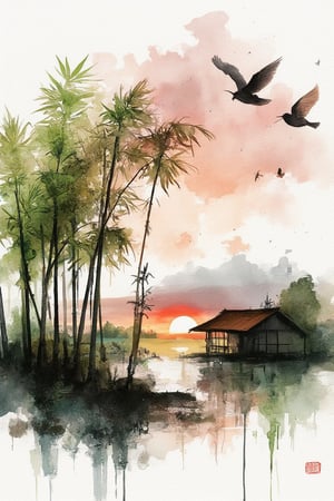 landscape painting of Sunset and
birds,green bamboo tree in the style of
traditional Japanese art ,artistic style
black ink on white background wet
watercolor art,ink splashes,Sumi-e kiko,Watercolor Kiko,WatercolorWash 