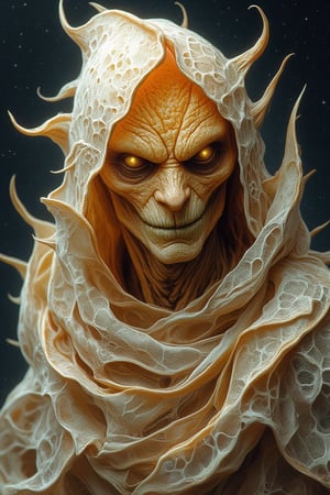 Create a detailed portrait of a humanoid figure with a textured orange peel-like skin,
sharp features, and intense, glowing eyes.The figure is partially cloaked in translucent, white layers resembling the
inner membrane of an orange, with intricate patterns. The mood is eerie and otherworldly, with a focus on texture and
realism. bg starry night sky,Orange.Kiko,Digital Illustration 