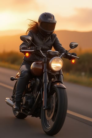  A photo hyperrealistic image of a female
biker wearing modest riders leather suit
,riding a Harley Davidson , full
face branded helmet, on the road. The
background has countryside scenery with
sunset colors,fast and motion
effect,UHD,HDR,24K, 40s