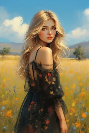 Close up shot, zenithal painting ,gouache painting, realism oil painting of a 
korean girl standing in pampas field along a tar road looking over her shoulder .She has soft make up  long blond wind-blown wavy hair, vivid brown eyes,sweet smile, looking over her shoulder. The winds are blowing the prairies. She wears modest black midi dress with floral pattern blue sky with grey and white fluffy cloud, trees, coloful wildflowers,hills on the horizon rendered in a soft brushstrokes,soft lines and
shapes, in the style of fine art illustrations,hyper-realistic, intricate details, dreamy, painterly gouche effect ,dark mode,uhd,
hdr,24K, 40s 