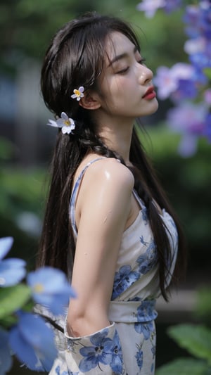 1girl, solo, long hair, black hair, hair ornament, bare shoulders, closed eyes, upper body, braid, flower, parted lips, hair flower, water, blurry, from side, lips, wet, head tilt, profile, leaf, plant, blue flower, water drop, wet hair, head back