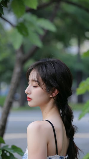 1girl, solo, long hair, black hair, hair ornament, bare shoulders, closed eyes, upper body, braid, flower, parted lips, hair flower, water, blurry, from side, lips, wet, head tilt, profile, leaf, plant, blue flower, water drop, wet hair, head back