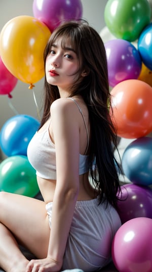 masterpiece, best quality, incredibly absurdres, 1girl, multiple colorful balloon, sitting, happy, closed mouth, painter artist outfit, very long hair, multi colored hair, confetti, upper body, bangs, hand behind back,