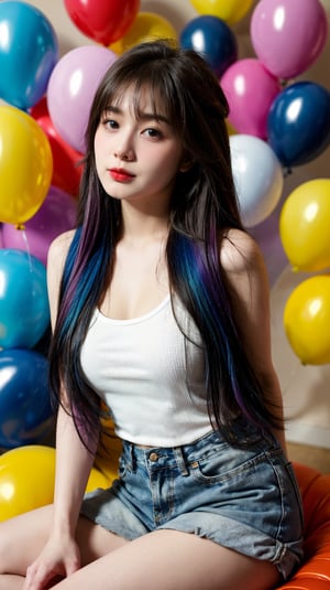 masterpiece, best quality, incredibly absurdres, 1girl, multiple colorful balloon, sitting, happy, closed mouth, painter artist outfit, very long hair, multi colored hair, confetti, upper body, bangs, hand behind back,