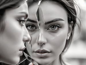 A striking black-and-white photograph of a broken mirror fragment, held by a womans hand, reflecting a close-up of a woman's face The reflection captures her eye, eyebrow, and lips in sharp detail, with the expression in her eye being intense and introspective. The background is softly blurred with bokeh effects, drawing full attention to the reflection in the mirror and the hand holding it. The image is artistic and thought-provoking, inviting viewers to ponder the themes of identity, self-perception, and fragmentation. she is rendered in ultra-detailed high-resolution 8K quality, with perfectly defined muscles. The camera captures her thicc figure from a slightly above-angles perspective, emphasizing her fit physique. 