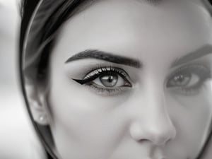 A striking black-and-white photograph of a broken mirror fragment, held by a womans hand, reflecting a close-up of a woman's face The reflection captures her eye, eyebrow, and lips in sharp detail, with the expression in her eye being intense and introspective. The background is softly blurred with bokeh effects, drawing full attention to the reflection in the mirror and the hand holding it. The image is artistic and thought-provoking, inviting viewers to ponder the themes of identity, self-perception, and fragmentation. she is rendered in ultra-detailed high-resolution 8K quality, with perfectly defined muscles. The camera captures her thicc figure from a slightly above-angles perspective, emphasizing her fit physique. 