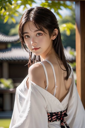 whole body,Japanese teenager girl, white kimono, bare shoulders, detailed eyes, natural lighting,best quality, professional lighting, super detailed, realistic, beautiful detailed face eyes,looking at viewer,smile,outdoor,standing,nfsw ,asian girl, downblouse