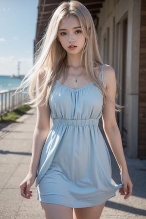 (open the thighs)Sexy cute looks and cute 18 year old beautiful girl, Beautiful and sexy face、A strong wind blows my hair in front of my face,(((Beautiful long light blue straight hair))),beautiful cute and sexy eyes,((whole body)),(((random cute dress)))