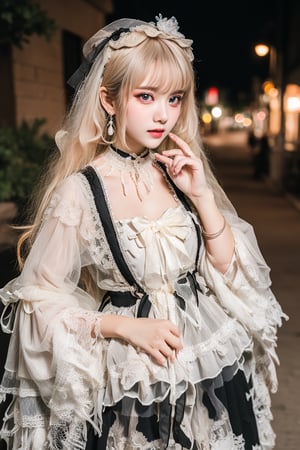 ((One girl)) ,(((upper body)))、Real17yo、cute girl、((Small breasts))、(((Long white hair)))、((squat))、((lolita  coordination)） And a very slim figure,,,,,、Very thin leganicules、Earrings、Pink Lip、choker、Real、Sexual、Highest quality、Detailed face、Detailed Background、Depth of written boundary、whole body viewing angle、Sexual、alone、night,Highest quality、High resolution、High resolution（Real：1.4）Detailed eyes、Gradation、Perfect anatomical figure、Woman with perfect body、Highly detailed skin、Detailed face、Beautiful eyes in every detail、Background Blur,little_cute_girl,((very small tits)),lolita_dress