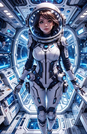 Paisaje surrealista, obra maestra, ultra detallada, definición de 8k, rostro hermoso, 1 chica, cuerpo completo, con tetas más grandes copa G, flotando en el espacio, vistiendo un traje de astronauta, ajustado al cuerpo, su casco es una esfera completamente de vidrio, rodeado  por un entorno espacial, donde hay planetas, galaxias, nebulosas y estrellas.