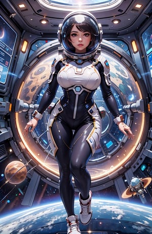 Surreal landscape, masterpiece, ultra detailed, 8k definition, beautiful face, 1 girl, full body, with bigger G cup tits, floating in space, wearing a transparent, tight-fitting astronaut suit, her helmet is a sphere completely made of glass, surrounded by a space environment, where there are planets, galaxies, nebulas and stars.