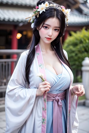 fenmo, fense, 1girl, black hair, flower, hair ornament, realistic, holding, hair flower, blurry, holding flower, chinese clothes, looking at viewer, hanfu, black eyes, basket, blurry background,hanfu,cho girl,(big breasts:1.39)