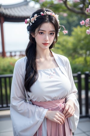 fenmo, fense, 1girl, black hair, flower, hair ornament, realistic, holding, hair flower, blurry, holding flower, chinese clothes, looking at viewer, hanfu, black eyes, basket, blurry background,hanfu,cho girl,(big breasts:1.5)