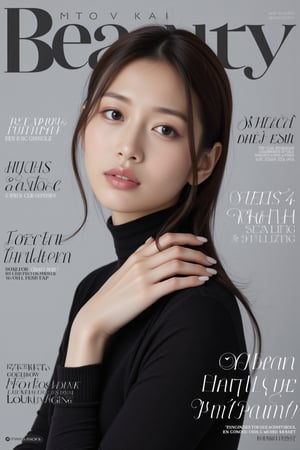 A high-fashion magazine cover featuring a close-up, upper-body shot of a beautiful Japanese female model with an enhanced bust size, confidently posing with elegance. Her sharp yet graceful facial features are highlighted, and she wears a stylish, modern outfit that accentuates her figure while maintaining a sophisticated and polished look. The background is a neutral gray with professional, magazine-quality lighting that enhances her photorealistic skin texture.

Across the cover, bold and stylish magazine text is displayed, including the title in elegant font: **"FuturEvoLab Beauty"** at the top. Other headlines include:
- **"Fashion Forward: The Future of Elegance"**
- **"Secrets to Confidence and Style"**
- **"Model of the Year: Embracing Allure and Power"**

The overall composition combines high-end fashion photography with captivating headlines that frame the model’s pose, drawing attention to her beauty and presence. The cover reflects sophistication, confidence, and modern fashion, with the FuturEvoLabBeautify aesthetic enhancing the visual impact.,Xxyjy