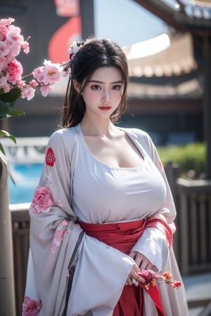 fenmo, fense, 1girl, black hair, flower, hair ornament, realistic, holding, hair flower, blurry, holding flower, chinese clothes, looking at viewer, hanfu, black eyes, basket, blurry background,hanfu,cho girl,(big breasts:1.56),gufeng,embroidered flower patterns