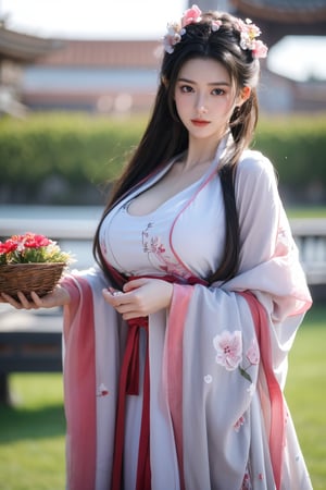 fenmo, fense, 1girl, black hair, flower, hair ornament, realistic, holding, hair flower, blurry, holding flower, chinese clothes, looking at viewer, hanfu, black eyes, basket, blurry background,hanfu,cho girl,(big breasts:1.56),gufeng,embroidered flower patterns