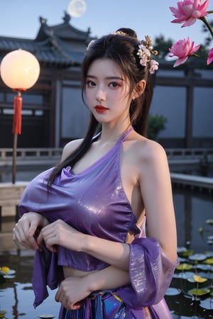  (masterpiece, best quality:1.2),1girl, navel, solo, midriff, bare shoulders, lantern, hair ornament, flower, hair flower, paper lantern, black hair, red lips,BREAK, (looking at viewer:1.23), chinese clothes,(Holographic red-purple dress:1.36), (Rainbow Gradient Color:1.29),BREAK,purple eyes,blurry, solo focus, long hair, lips, daytime, lipstick, outdoors, upper body, blurry,(huge breasts:1.48), background, solo, makeup, hair bun,Xyunxiao,(Peony,Blue sky,moon:1.39),(Lotus pond, ancient Chinese architecture:1.39)