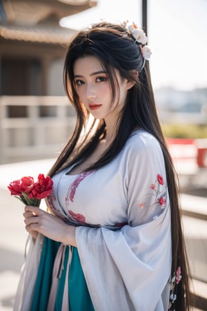 fenmo, fense, 1girl, black hair, flower, hair ornament, realistic, holding, hair flower, blurry, holding flower, chinese clothes, looking at viewer, hanfu, black eyes, basket, blurry background,hanfu,cho girl,(big breasts:1.5),gufeng,embroidered flower patterns