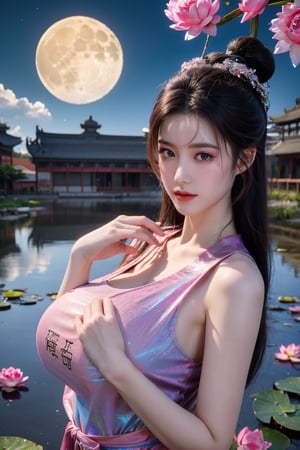  (masterpiece, best quality:1.2),1girl, navel, solo, midriff, bare shoulders, lantern, hair ornament, flower, hair flower, paper lantern, black hair, red lips,BREAK, (looking at viewer:1.23), chinese clothes,(Holographic red-pink dress:1.36), (Rainbow Gradient Color:1.29),BREAK,purple eyes,blurry, solo focus, long hair, lips, daytime, lipstick, outdoors, upper body, blurry,(huge breasts:1.48), background, solo, makeup, hair bun,Xyunxiao,(Peony,Blue sky,moon:1.39),(Lotus pond, ancient Chinese architecture:1.39)