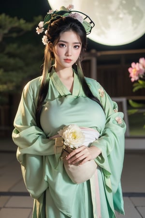  (masterpiece, best quality:1.3), 1girl, black hair, flower, hair ornament, realistic, holding, hair flower, blurry, holding flower, chinese clothes, looking at viewer, green hanfu, black eyes, basket, blurry background,(green hanfu:1.53),(big breasts:1.63),(full moon:1.29)