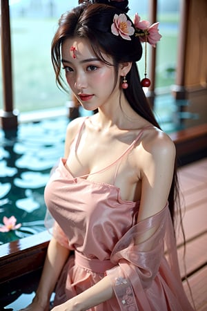 (((masterpiece))), (((best quality))), (((half body photo))), (((tangfengspabelle))), ((forehead floral mark)), ((partially submerged)), solo, 1girl, ((light pink collarbone see through hanfu:1.2)), hairclip, big tits, smile, (big breasts:1.39)