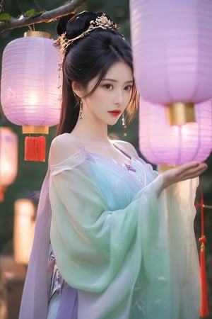  (masterpiece, best quality:1.2),1girl, navel, solo, midriff, bare shoulders, lantern, hair ornament, flower, hair flower, paper lantern, black hair, red lips, looking at viewer, chinese clothes, (light purple-green-blue dress:1.23), purple eyes,blurry, solo focus, long hair, lips, night, lipstick, outdoors, upper body, blurry,(huge breasts:2.34), background, solo, makeup, hair bun,Xyunluo,Xningyudie