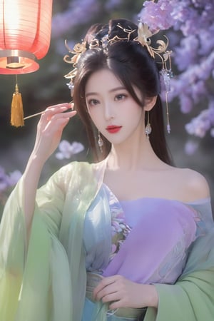  (masterpiece, best quality:1.2),1girl, navel, solo, midriff, bare shoulders, lantern, hair ornament, flower, hair flower, paper lantern, black hair, red lips, looking at viewer, chinese clothes, (light purple-green-blue dress:1.23), purple eyes,blurry, solo focus, long hair, lips, night, lipstick, outdoors, upper body, blurry,(huge breasts:2.34), background, solo, makeup, hair bun,Xyunluo,Xningyudie