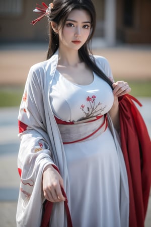 fenmo, fense, 1girl, black hair, flower, hair ornament, realistic, holding, hair flower, blurry, holding flower, chinese clothes, looking at viewer, (red hanfu:1.39), black eyes, basket, blurry background,hanfu,cho girl,(big breasts:1.56),gufeng,embroidered flower patterns