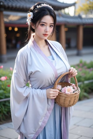 fenmo, fense, 1girl, black hair, flower, hair ornament, realistic, holding, hair flower, blurry, holding flower, chinese clothes, looking at viewer, hanfu, black eyes, basket, blurry background,hanfu,cho girl,(big breasts:1.39)