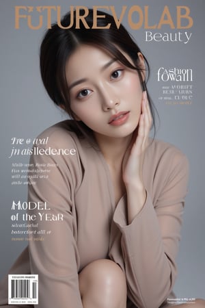 A high-fashion magazine cover featuring a close-up, upper-body shot of a beautiful Japanese female model with an enhanced bust size, confidently posing with elegance. Her sharp yet graceful facial features are highlighted, and she wears a stylish, modern outfit that accentuates her figure while maintaining a sophisticated and polished look. The background is a neutral gray with professional, magazine-quality lighting that enhances her photorealistic skin texture.

Across the cover, bold and stylish magazine text is displayed, including the title in elegant font: **"FuturEvoLab Beauty"** at the top. Other headlines include:
- **"Fashion Forward: The Future of Elegance"**
- **"Secrets to Confidence and Style"**
- **"Model of the Year: Embracing Allure and Power"**

The overall composition combines high-end fashion photography with captivating headlines that frame the model’s pose, drawing attention to her beauty and presence. The cover reflects sophistication, confidence, and modern fashion, with the FuturEvoLabBeautify aesthetic enhancing the visual impact.,Xxyjy