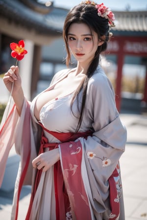 fenmo, fense, 1girl, black hair, flower, hair ornament, realistic, holding, hair flower, blurry, holding flower, chinese clothes, looking at viewer, hanfu, black eyes, basket, blurry background,hanfu,cho girl,(big breasts:1.56),gufeng,embroidered flower patterns