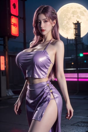 (masterpiece, best quality:1.3),Nights,(Cyberpunk:1.3), (neon lights:1.4), glowing earrings, realistic, pub,1girl, solo, looking at viewer, (Holographic color:1.23(light purple dress:1.29),realistic, midriff, bare shoulders, standting, hair ornament, pink hair, jewelry, Pleated Skirt, purple long skirt, cowboy shot,Xyunxiao, ,(huge breasts:1.5),(full moon:1.39)