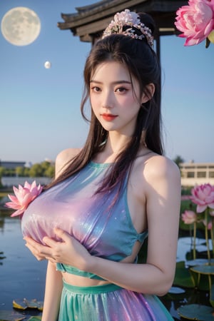  (masterpiece, best quality:1.2),1girl, navel, solo, midriff, bare shoulders, lantern, hair ornament, flower, hair flower, paper lantern, black hair, red lips,BREAK, (looking at viewer:1.23), chinese clothes,(Holographic pink-green dress:1.36), (Rainbow Gradient Color:1.29),BREAK,purple eyes,blurry, solo focus, long hair, lips, daytime, lipstick, outdoors, upper body, blurry,(huge breasts:1.48), background, solo, makeup, hair bun,Xyunxiao,(Peony,Blue sky,moon:1.39),(Lotus pond, ancient Chinese architecture:1.39)