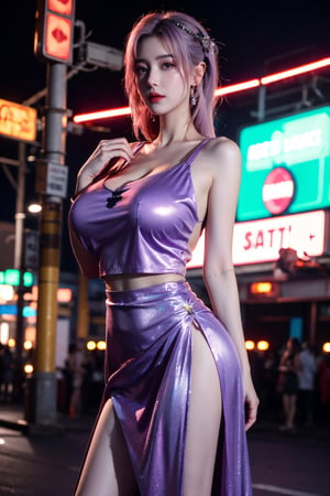 (masterpiece, best quality:1.3),Nights,(Cyberpunk:1.3), (neon lights:1.4), glowing earrings, realistic, pub,1girl, solo, looking at viewer, (Holographic color Dress:1.23),(light purple dress:1.29),realistic, midriff, bare shoulders, standting, hair ornament, pink hair, jewelry, Pleated Skirt, purple long skirt, cowboy shot,Xyunxiao, ,(huge breasts:1.5),(full breasts:1.52)