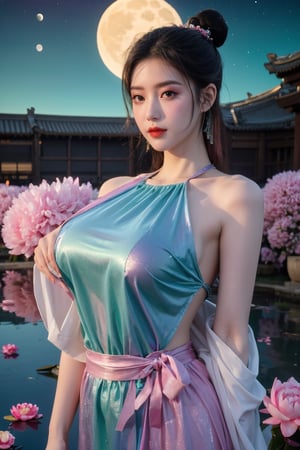  (masterpiece, best quality:1.2),1girl, navel, solo, midriff, bare shoulders, lantern, hair ornament, flower, hair flower, paper lantern, black hair, red lips,BREAK, (looking at viewer:1.23), chinese clothes,(Holographic pink-green dress:1.36), (Rainbow Gradient Color:1.29),BREAK,purple eyes,blurry, solo focus, long hair, lips, daytime, lipstick, outdoors, upper body, blurry,(huge breasts:1.48), background, solo, makeup, hair bun,Xyunxiao,(Peony,Blue sky,moon:1.39),(Lotus pond, ancient Chinese architecture:1.29)