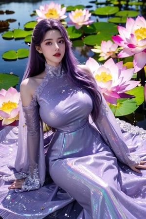 masterpiece,1girl,(mature female:0.5),tall body,full  body,golden proportions,(Kpop idol),(shiny skin:1.2),(oil skin:1.1),makeup,(close up),depth of field,(closed mouth:0.5),((long wavy purple hair)),(puffy eyes),(eyelashes:1.1),(parted lips:1.1),red lipstick,fantasy art style,dreamy light,(high neck light purple wedding dress:1.69),(light purple wedding dress:1.59),(Holographic colorful:1.52),(Holographic,lace:1.49),perfect body,(dreamy veil:1.3),(dusk:1.2),(princess shoes:1.1),(diamond necklace),(crystal hairpin),tyndall effect,highres,(Sitting on the grass by the river:1.56), (lotus pond full of lotus flowers:1.69), (huge breasts:1.79),(Flowers:1.69)