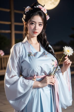  (masterpiece, best quality:1.3), 1girl, black hair, flower, hair ornament, realistic, holding, hair flower, blurry, holding flower, chinese clothes, looking at viewer, hanfu, black eyes, basket, blurry background,(white hanfu:1.29),(big breasts:1.56),(full moon:1.23)