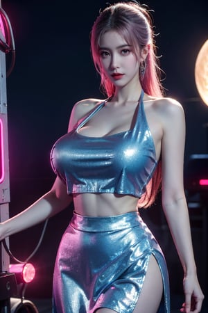 (masterpiece, best quality:1.3),Nights,(Cyberpunk:1.3), (neon lights:1.4), glowing earrings, realistic, pub,1girl, solo, looking at viewer, (Holographic light blue dress:1.29),realistic, midriff, bare shoulders, standting, hair ornament, pink hair, jewelry, Pleated Skirt, purple long skirt, cowboy shot,Xyunxiao, ,(huge breasts:1.5),(full moon:1.39)